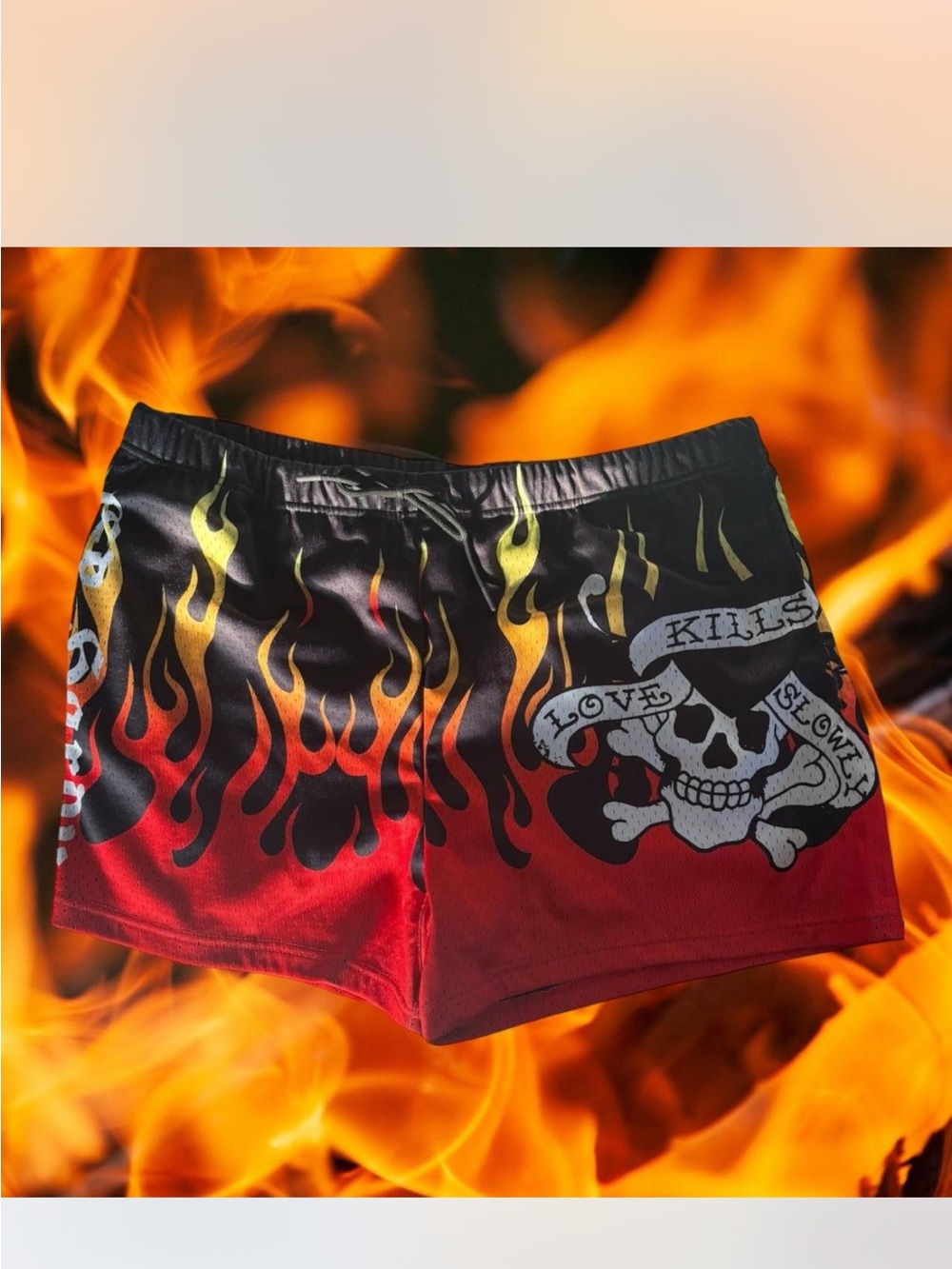 Ed Hardy Red, Black and Yellow Flame Skull Athletic Shorts